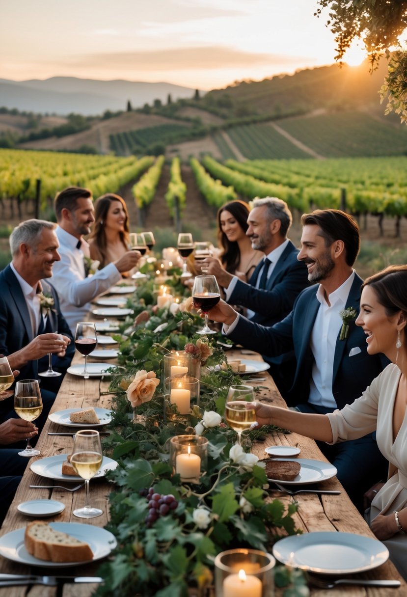 A romantic wedding rehearsal dinner outdoors in a vineyard with guests enjoying wine around a decorated wooden table at sunset.