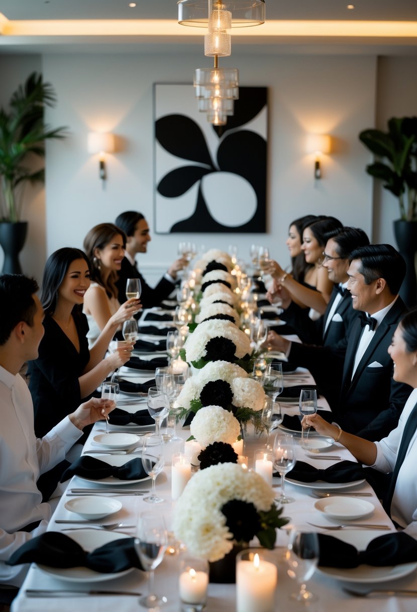 A dining table set for a wedding rehearsal dinner with black and white decorations, floral centerpieces, candles, and guests seated around the table.