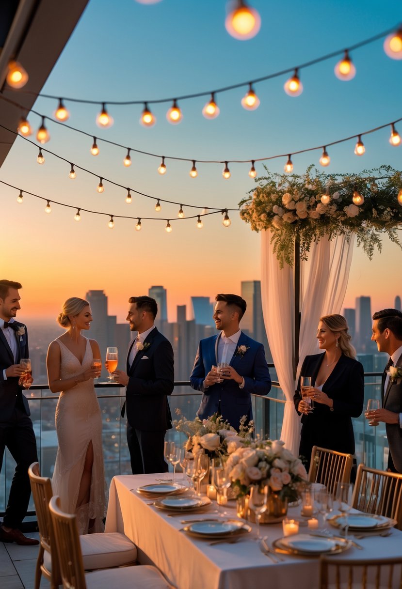A small group of people enjoying a sunset cocktail hour on a rooftop with city views, decorated with string lights and flowers.