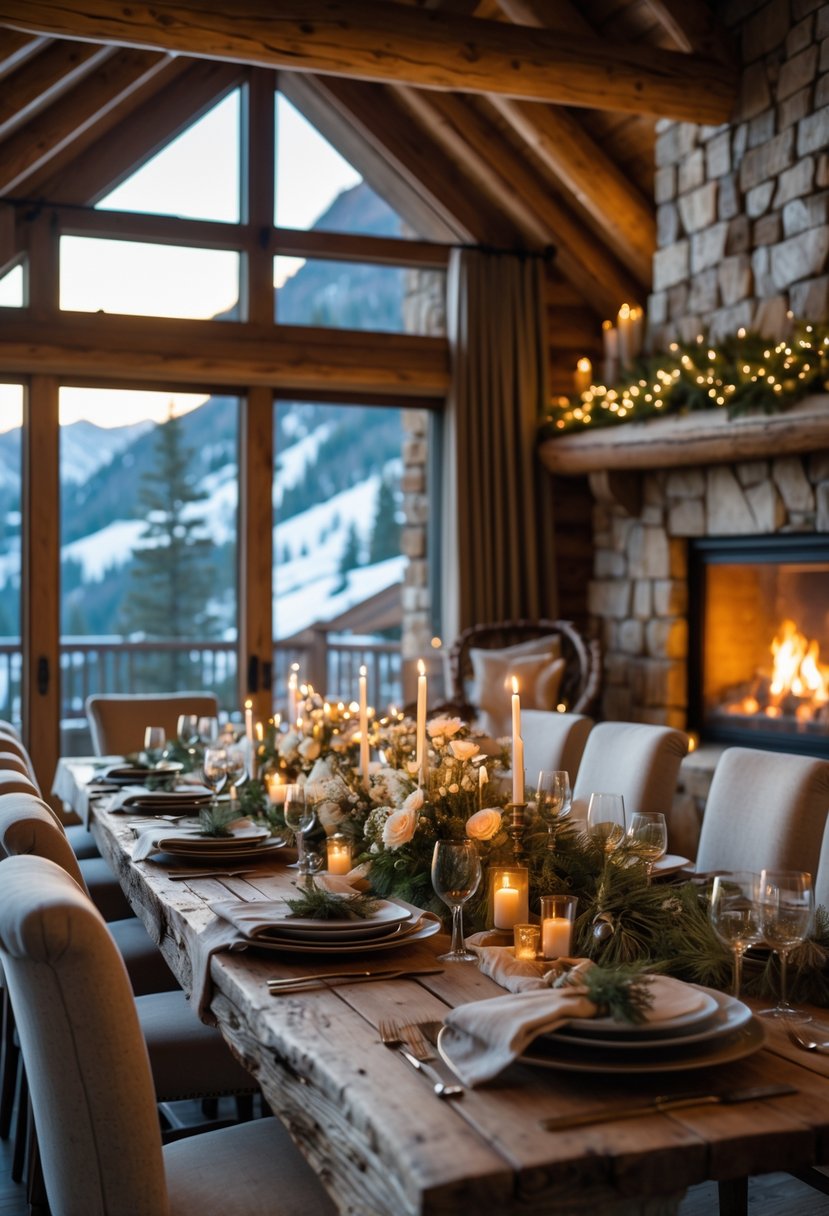 A cozy mountain lodge dining room with a wooden table set for dinner in front of a lit stone fireplace and snowy mountains visible through large windows.