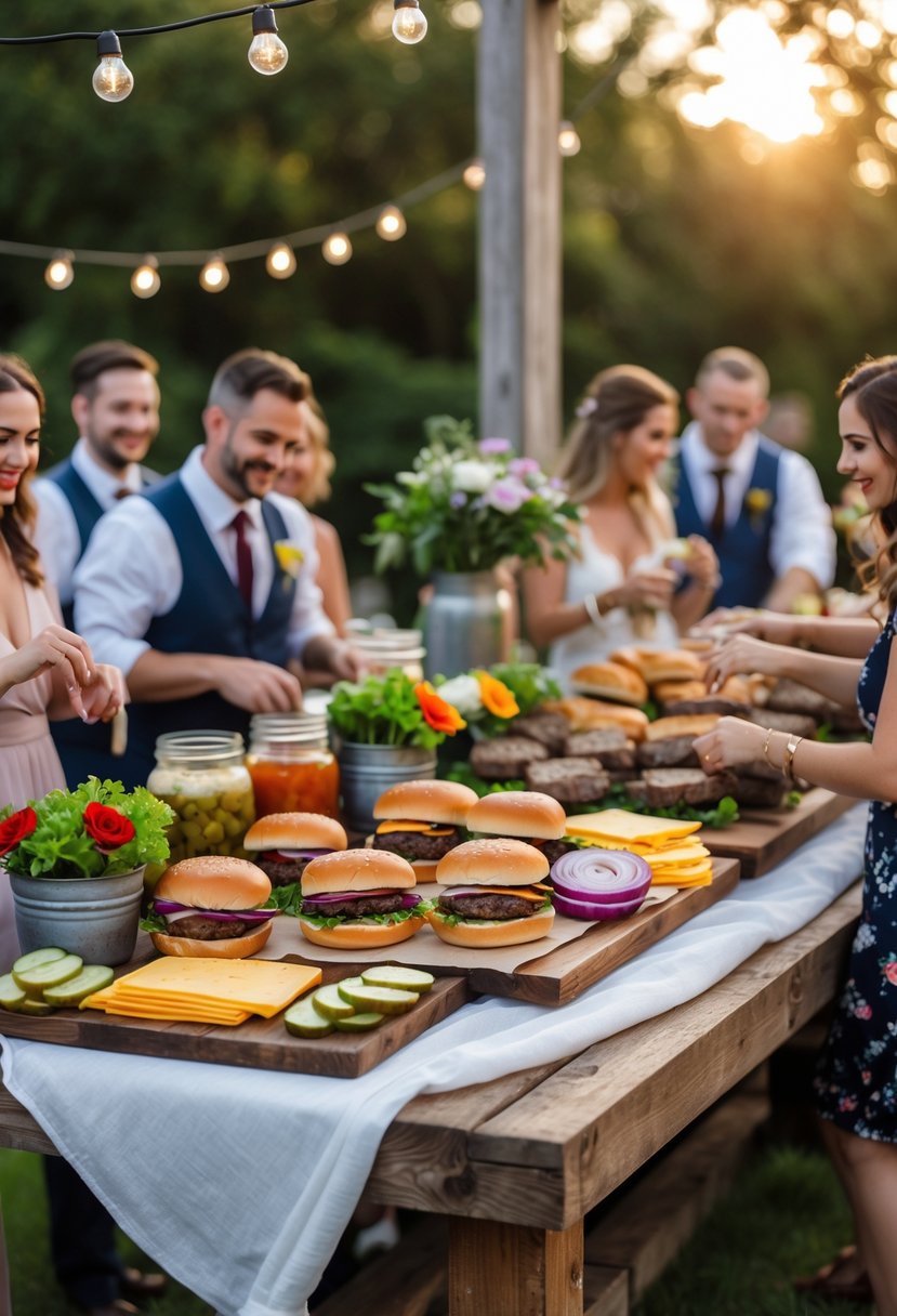 Guests assembling burgers at an outdoor build-your-own burger station decorated for a casual wedding rehearsal dinner.