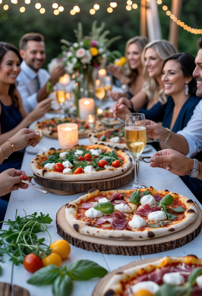 Guests enjoying an outdoor dinner with artisan pizzas topped with fresh ingredients at a wedding rehearsal gathering.