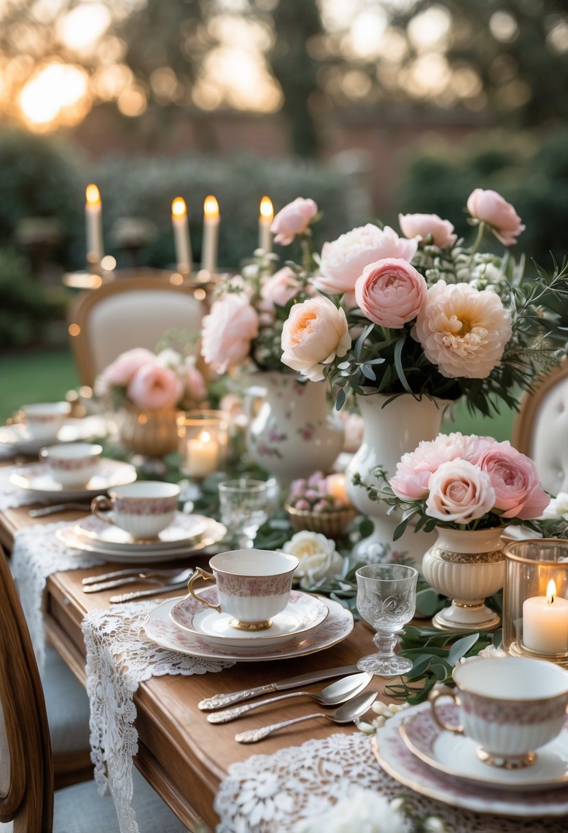 An outdoor table set for a vintage tea party with floral decorations, fine china, and candles in a garden setting.