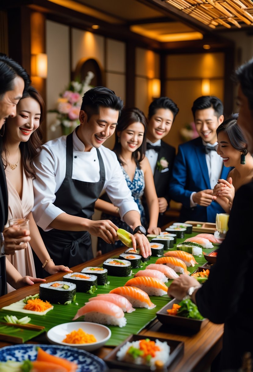 A sushi chef teaching a group of people how to make sushi around a table during a wedding rehearsal dinner.