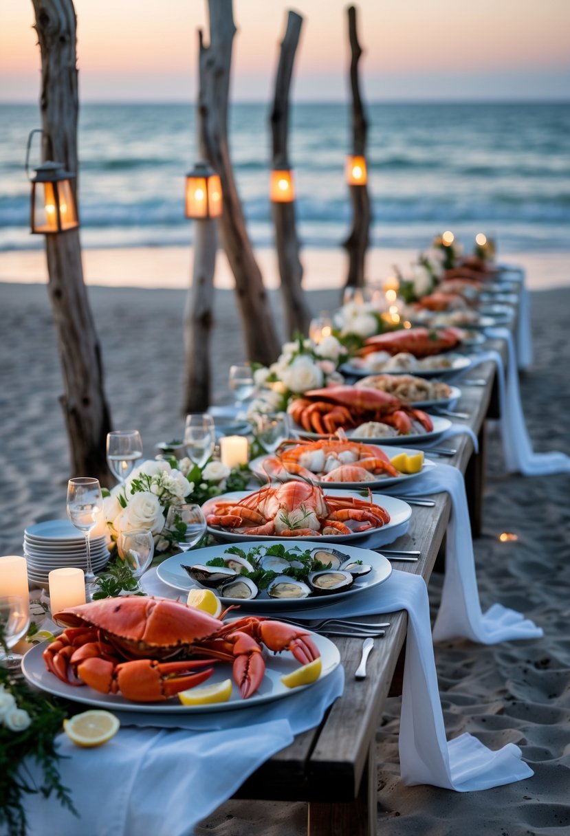 A beautifully arranged seafood feast on a long table set on a beach at sunset with lanterns and ocean waves in the background.