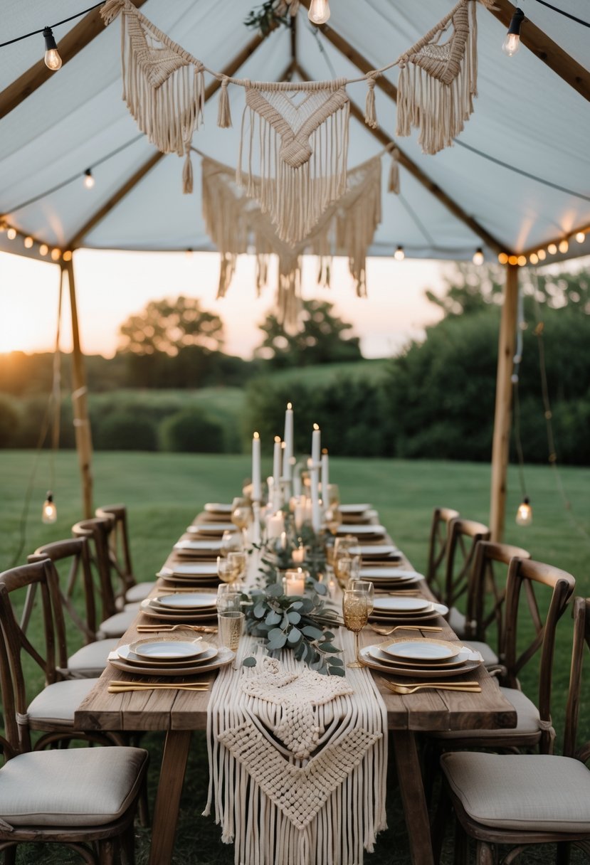 Outdoor dinner setup under a white tent with a long wooden table decorated with plants, candles, and tableware, surrounded by chairs and soft lighting.