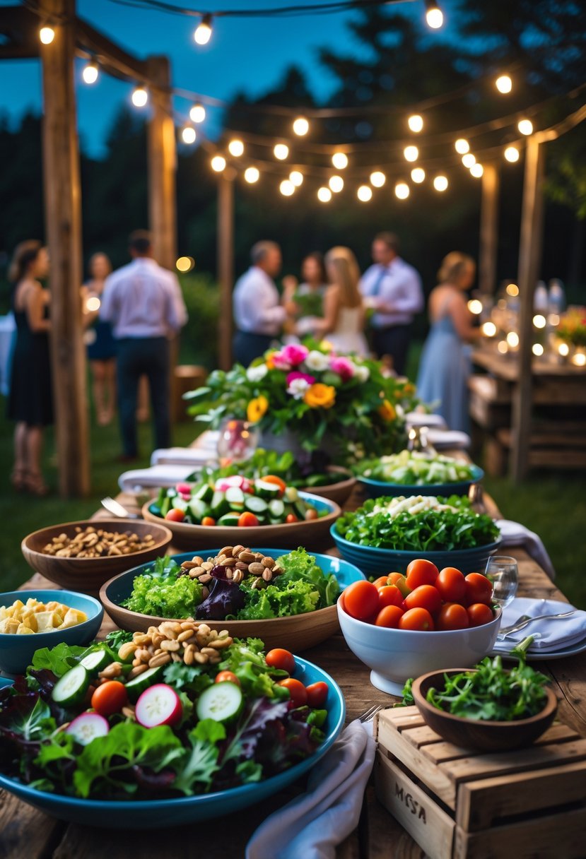 A nighttime outdoor table with bowls of fresh salad and guests mingling in the background at a casual wedding rehearsal dinner.