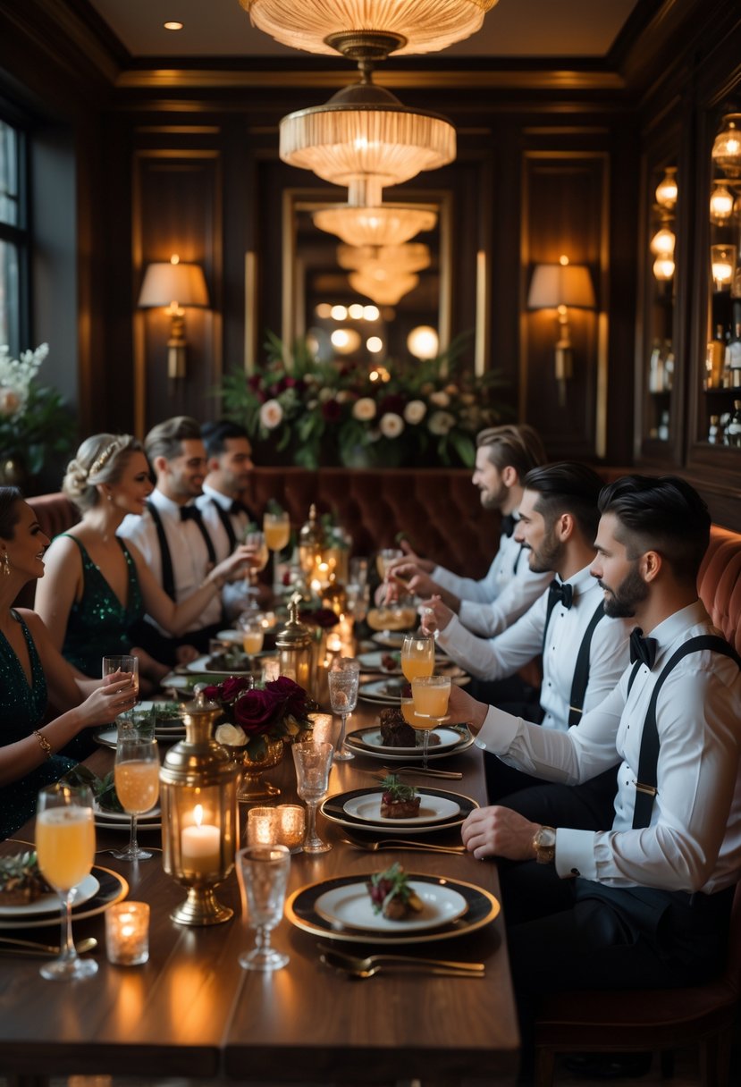 Guests dressed in vintage formal attire enjoying cocktails and dinner around a long wooden table in a dimly lit, elegant lounge.