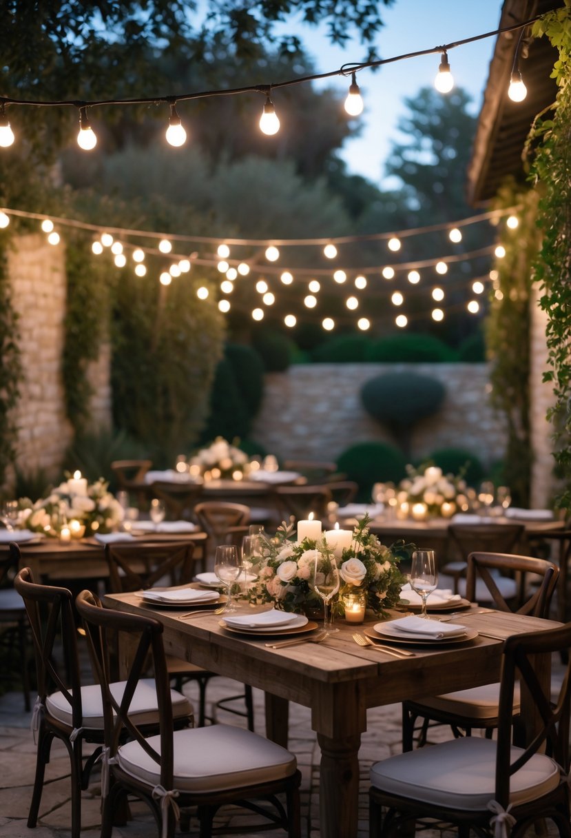 An outdoor courtyard decorated with twinkle lights, wooden tables with floral centerpieces and candles, surrounded by greenery and stone walls.
