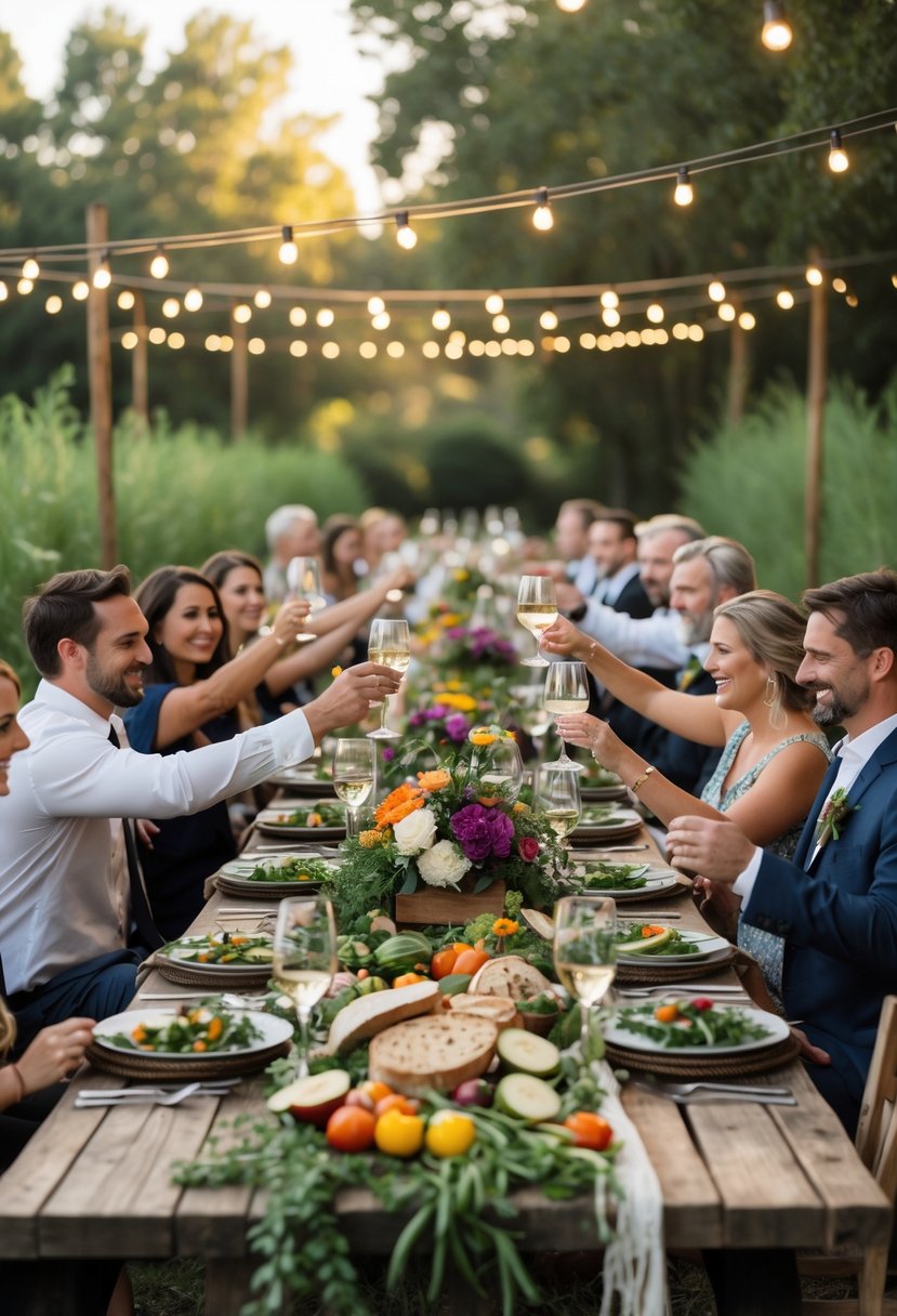 Guests enjoying a dinner outdoors at a long rustic table decorated with fresh vegetables and flowers under string lights.