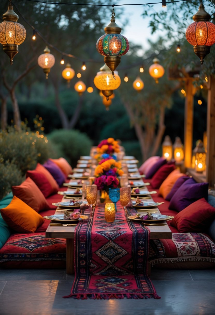 An outdoor dinner table decorated with colorful rugs, lanterns, and cushions, set for a festive evening meal.