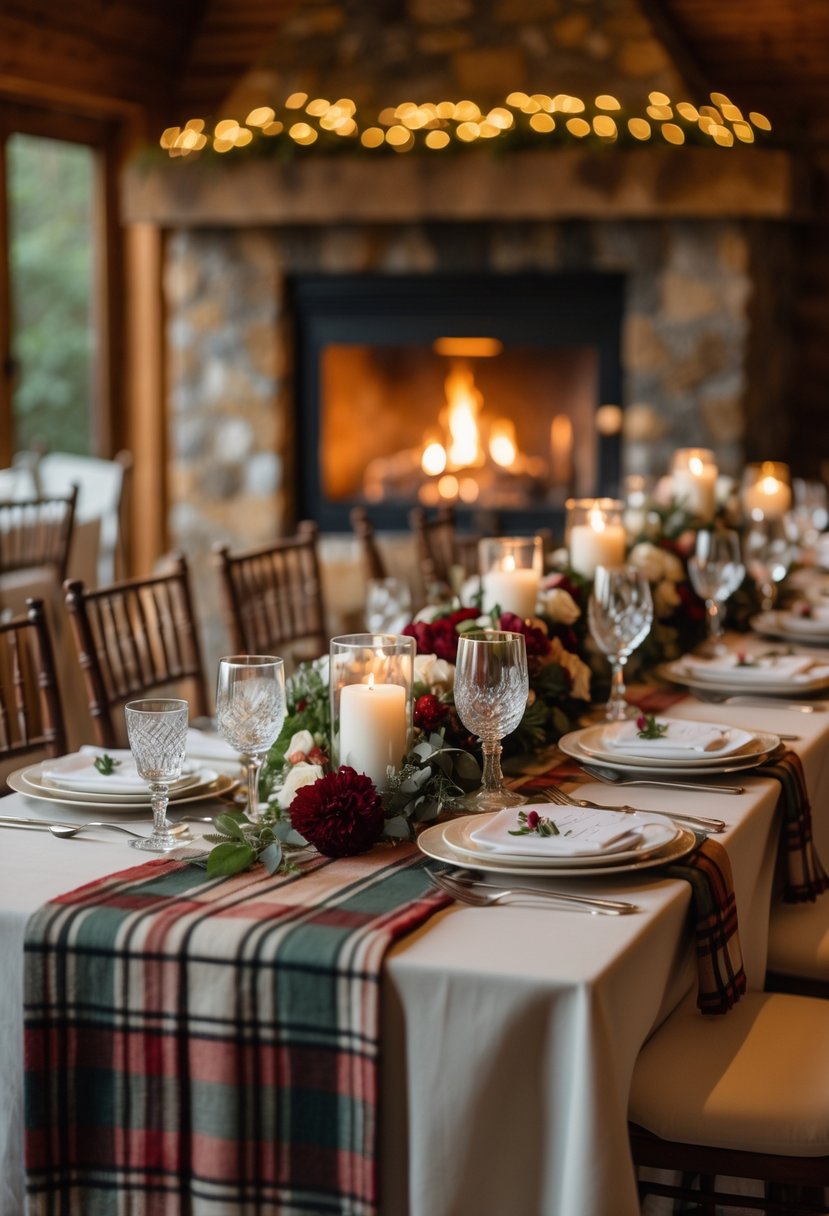 A cozy indoor dinner scene with a fireplace, a table set with plaid accents, candles, and floral decorations.