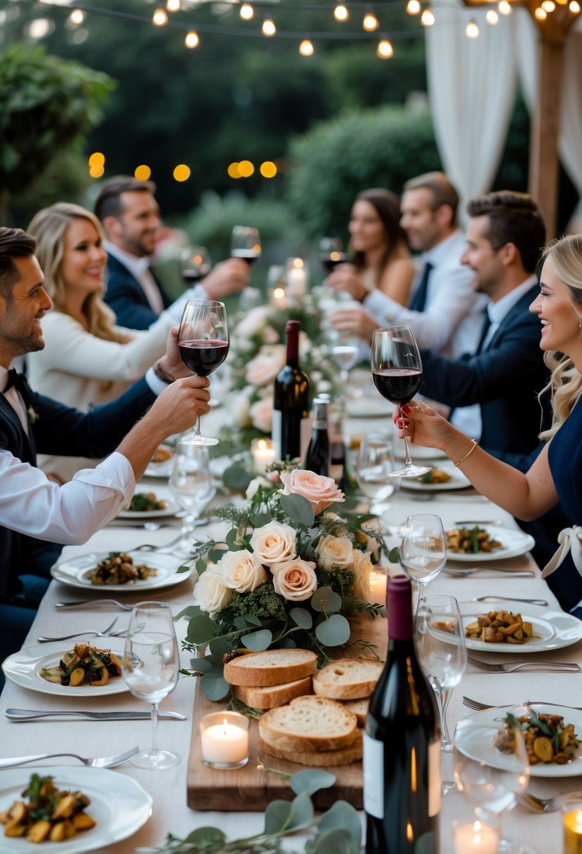 An elegant outdoor dinner table set with French dishes and wine, surrounded by guests enjoying a wedding rehearsal dinner.