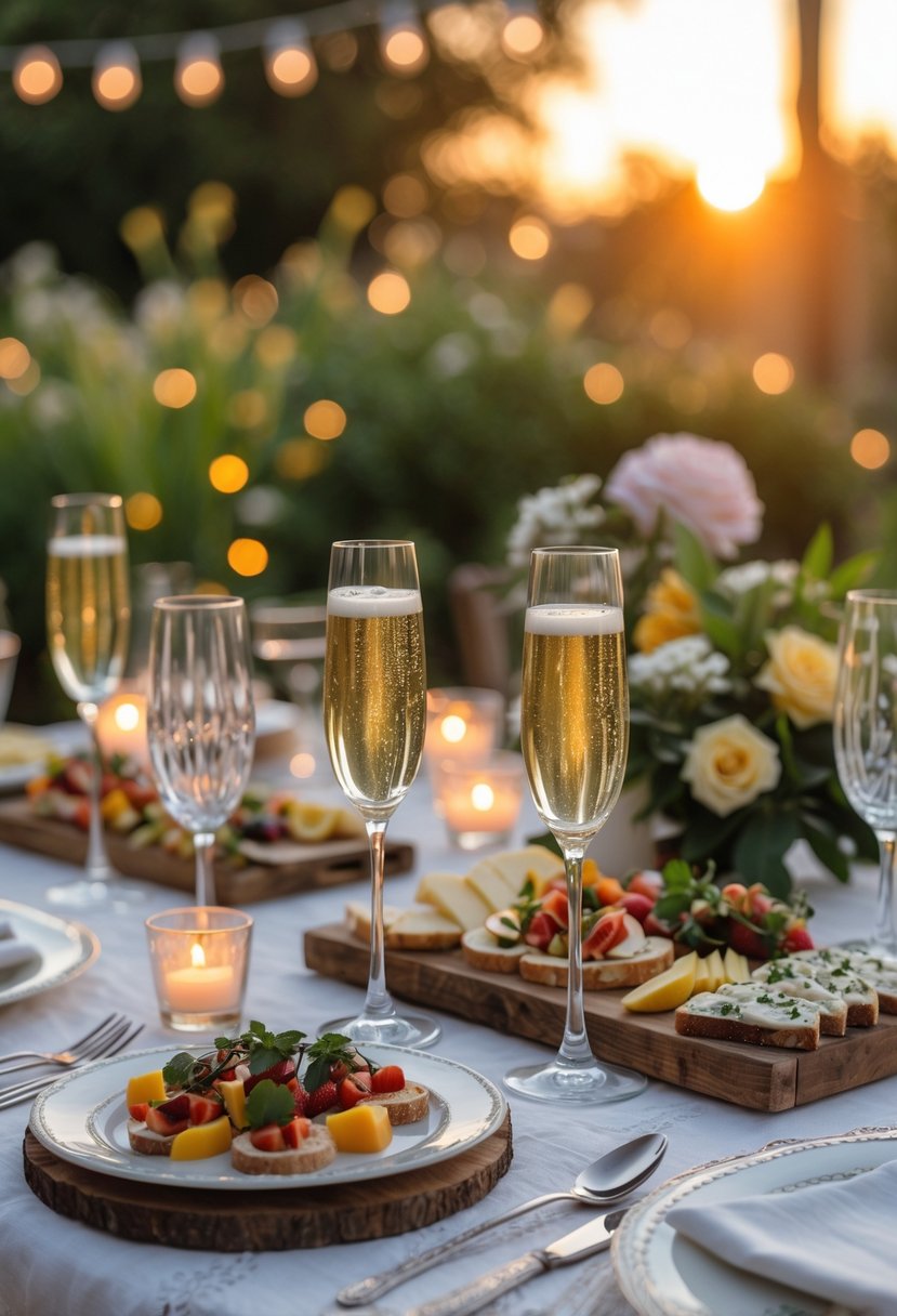 An outdoor wedding rehearsal dinner table set with champagne glasses and assorted hors d’oeuvres at sunset.