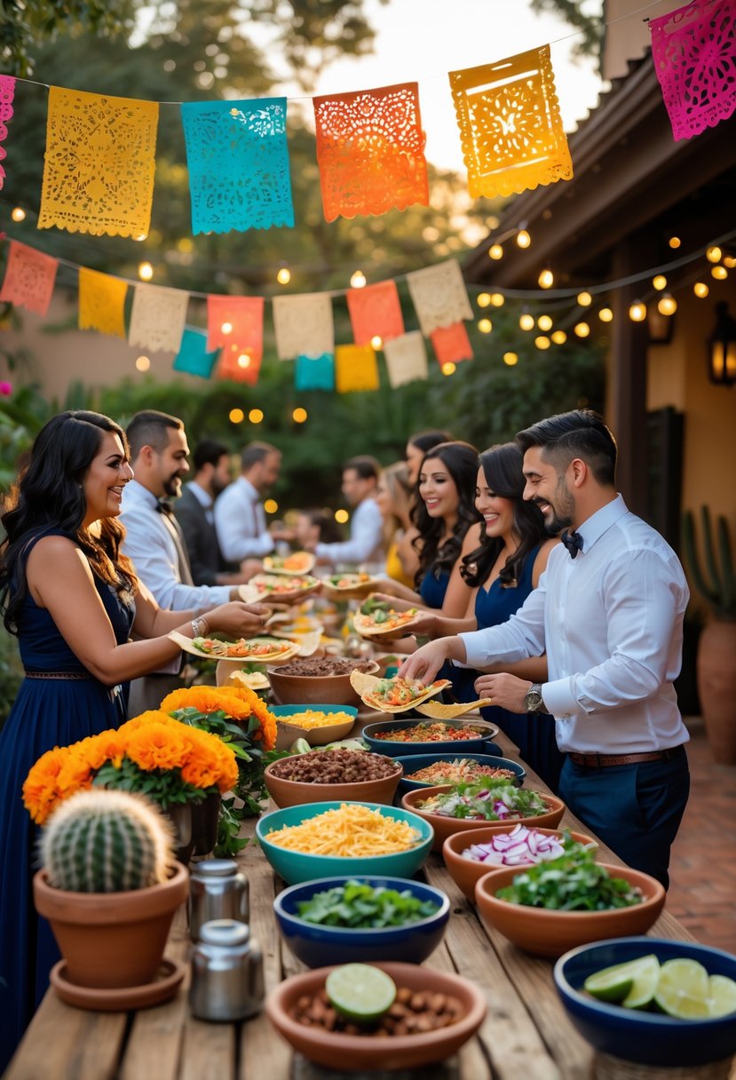 Guests enjoying an outdoor Mexican-themed wedding rehearsal dinner with a street taco bar and colorful decorations.