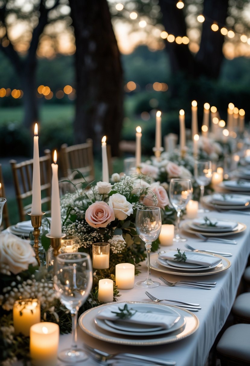 A long outdoor table set with candles, flowers, and dinnerware for a romantic wedding rehearsal dinner at twilight.