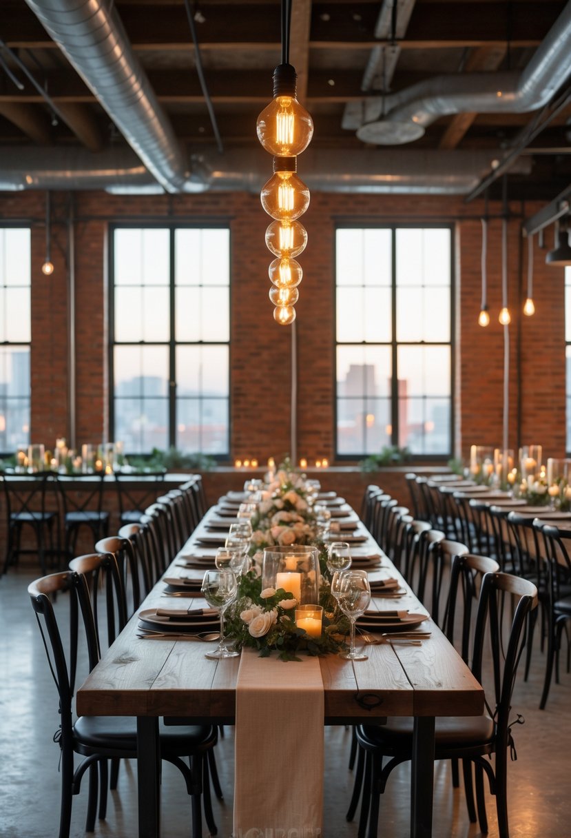 A long dining table set for a wedding rehearsal dinner in a loft with exposed brick walls and hanging Edison bulbs.