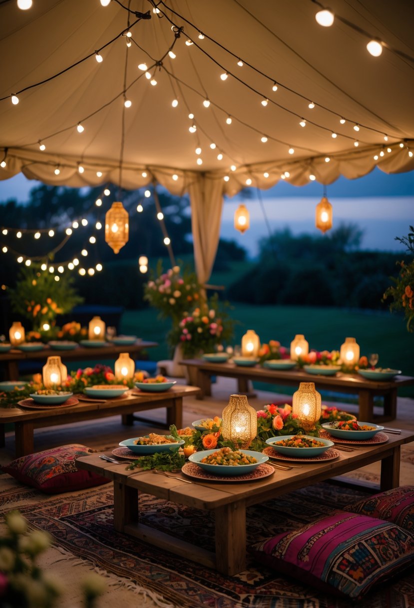 A Moroccan lantern-lit tent with low tables set for a dinner featuring couscous and vibrant dishes, surrounded by cushions and soft lighting.