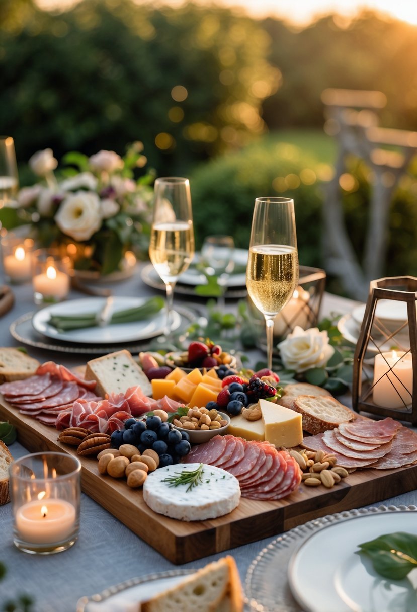 Outdoor picnic dinner with a gourmet charcuterie board, candles, and a couple enjoying a romantic meal surrounded by greenery.