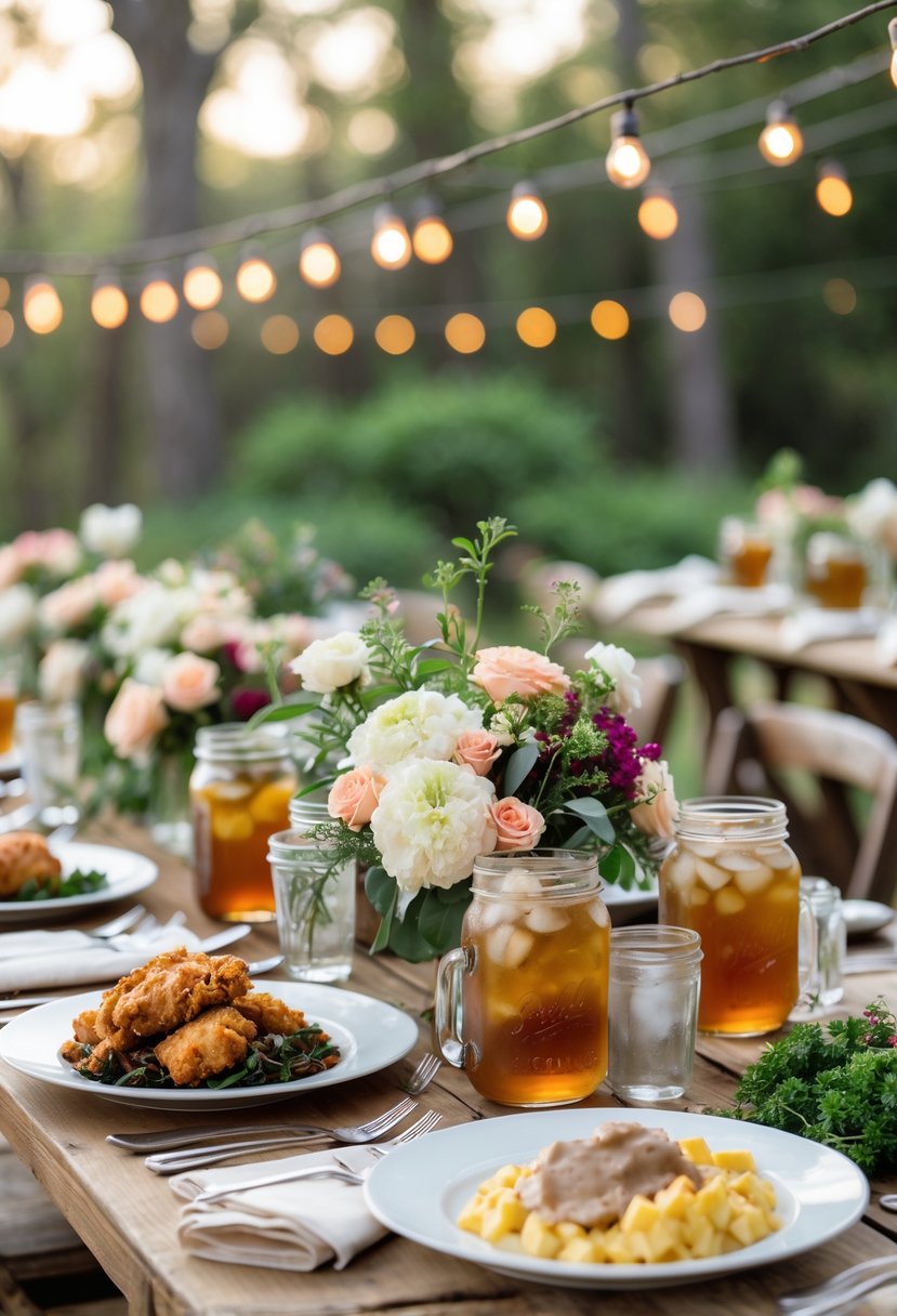 A rustic outdoor dinner table set with Southern comfort food and mason jars filled with iced tea and flowers, surrounded by greenery and string lights.