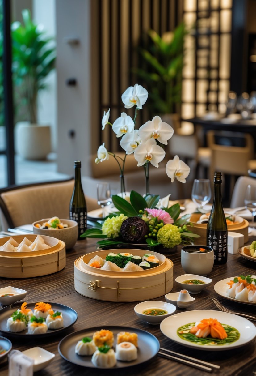 A dinner table set with dim sum, sushi, sake bottles, and cups in a modern dining room decorated for a wedding rehearsal dinner.