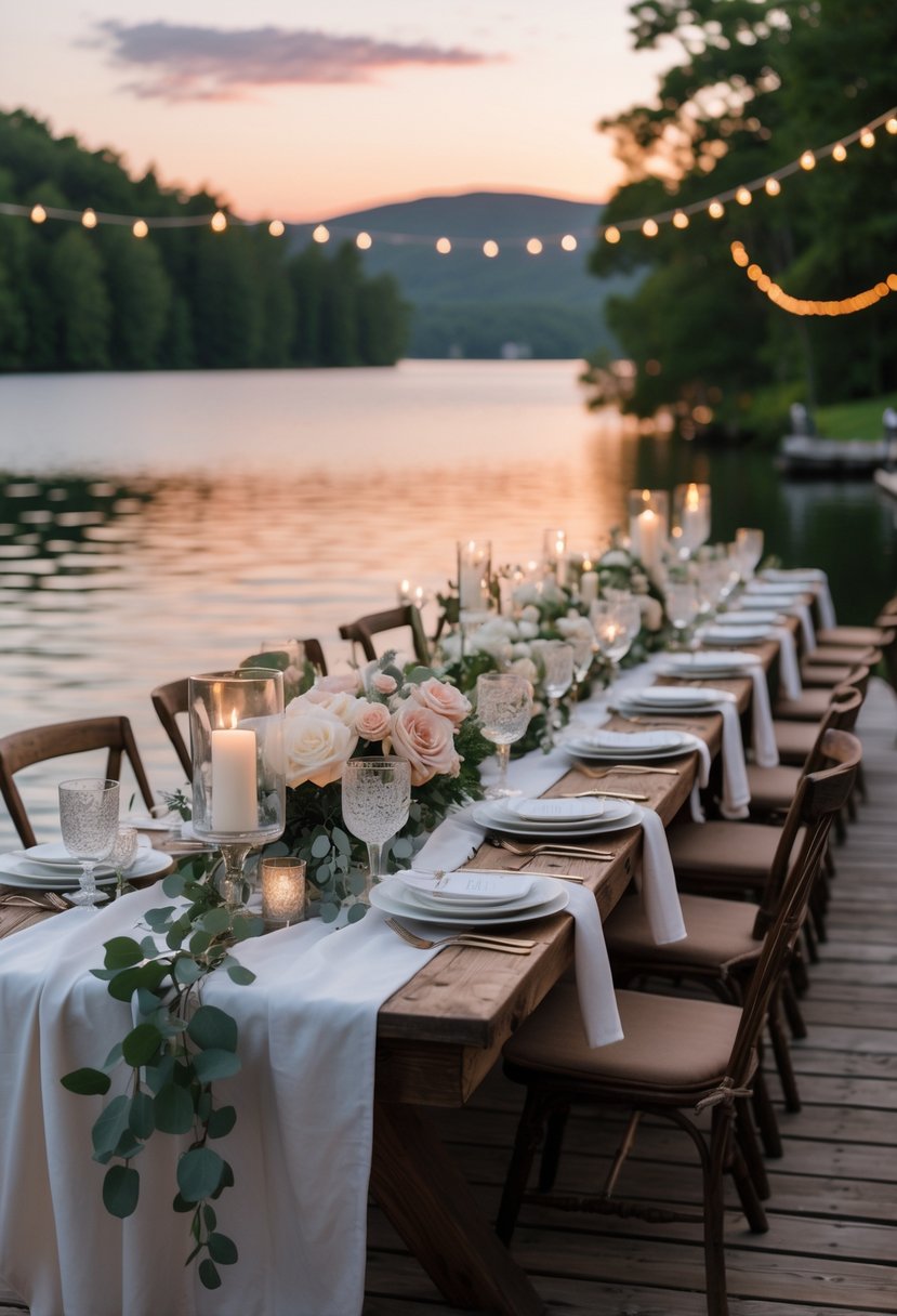 A peaceful lakeside dock with a long dinner table set for a romantic meal, surrounded by calm water and trees at sunset.