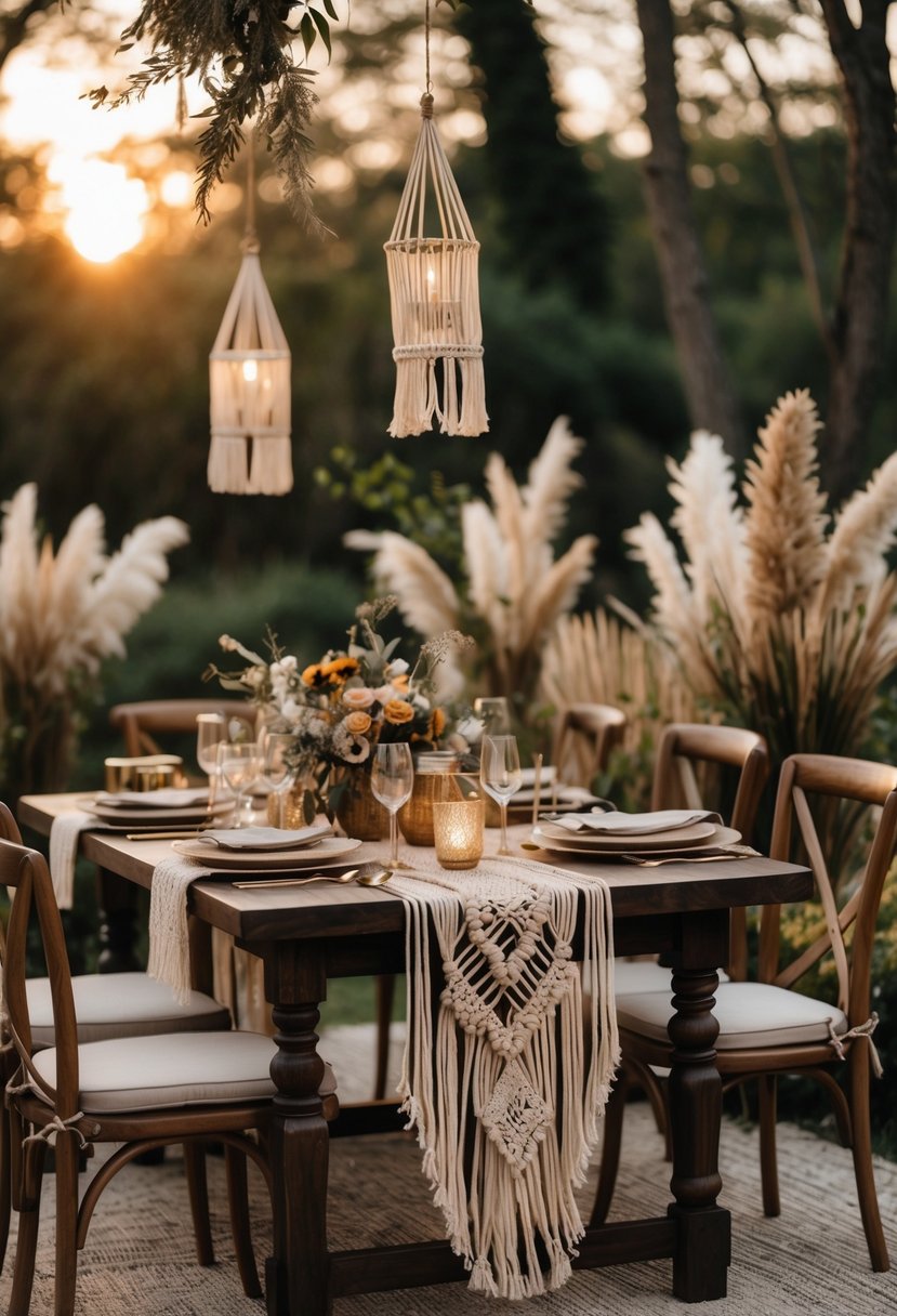 An outdoor dinner table set for a wedding rehearsal with macramé decorations, candles, flowers, and wooden chairs surrounded by greenery.
