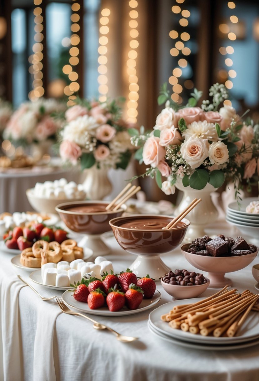 A dessert table with chocolate fondue, fresh fruit, marshmallows, and cookies arranged for a wedding rehearsal dinner.