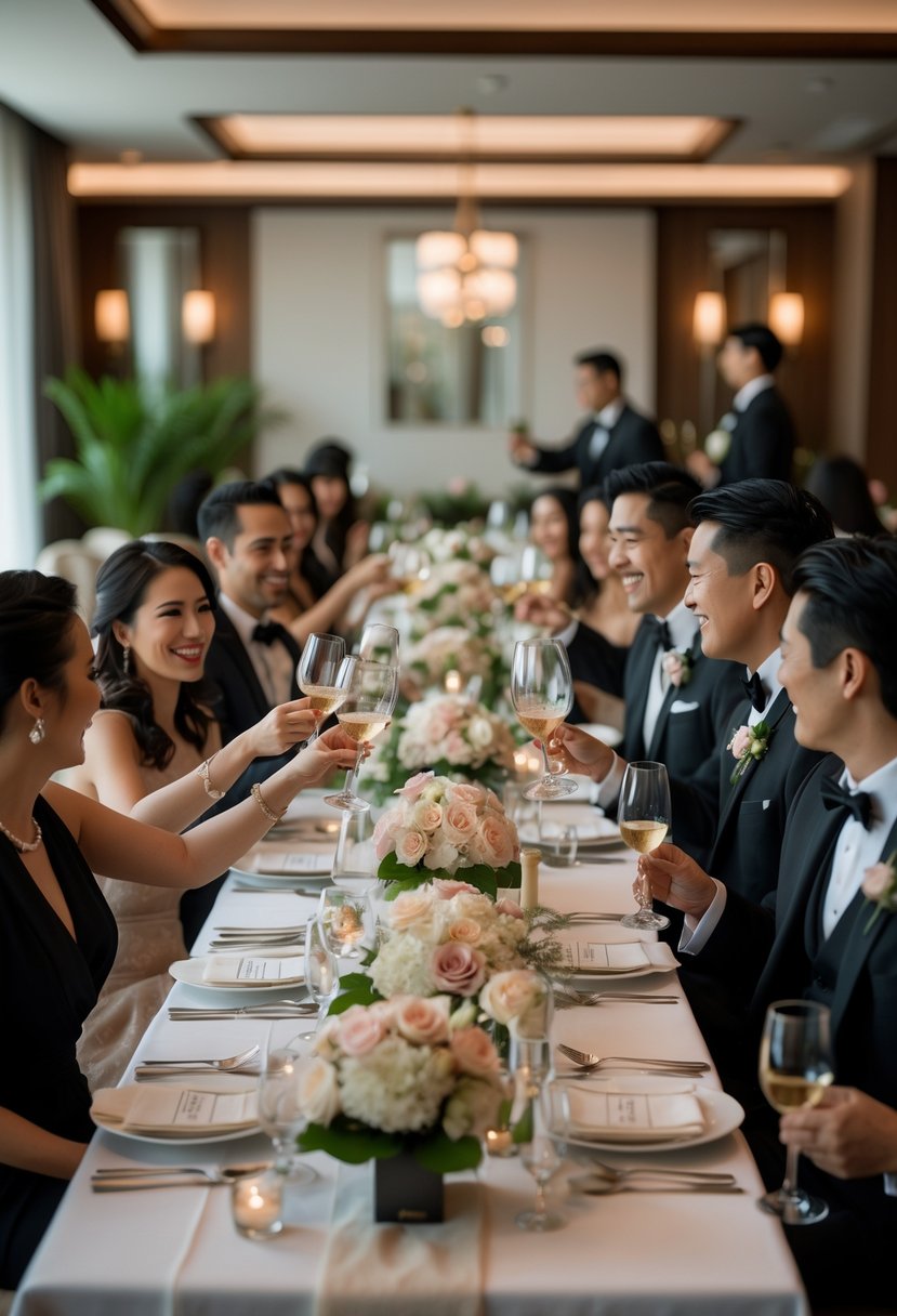 Guests enjoying a formal dinner at a long table in a restaurant with elegant floral decorations and soft lighting.