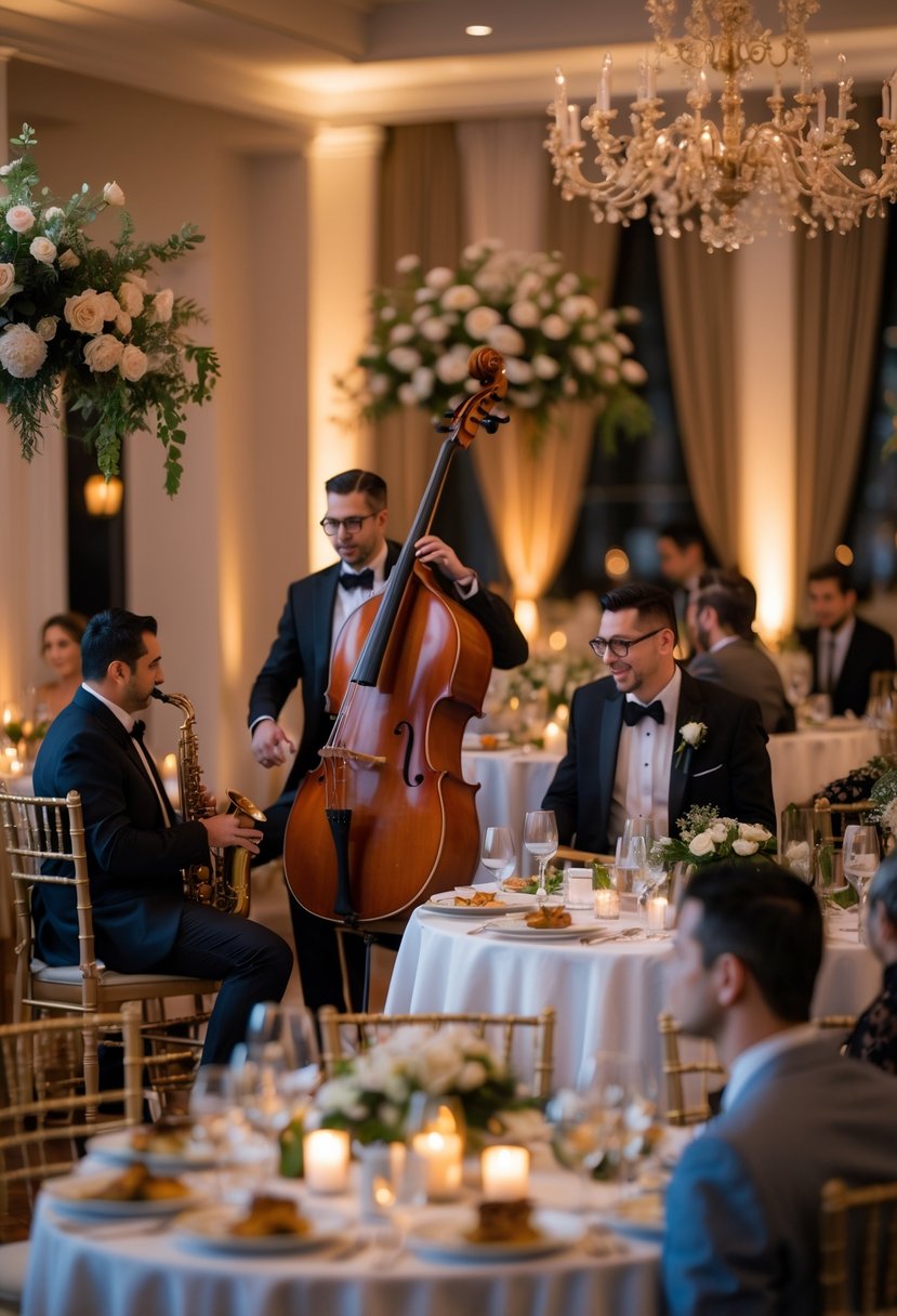 A jazz trio plays live music while guests enjoy a romantic wedding rehearsal dinner at elegantly decorated tables.