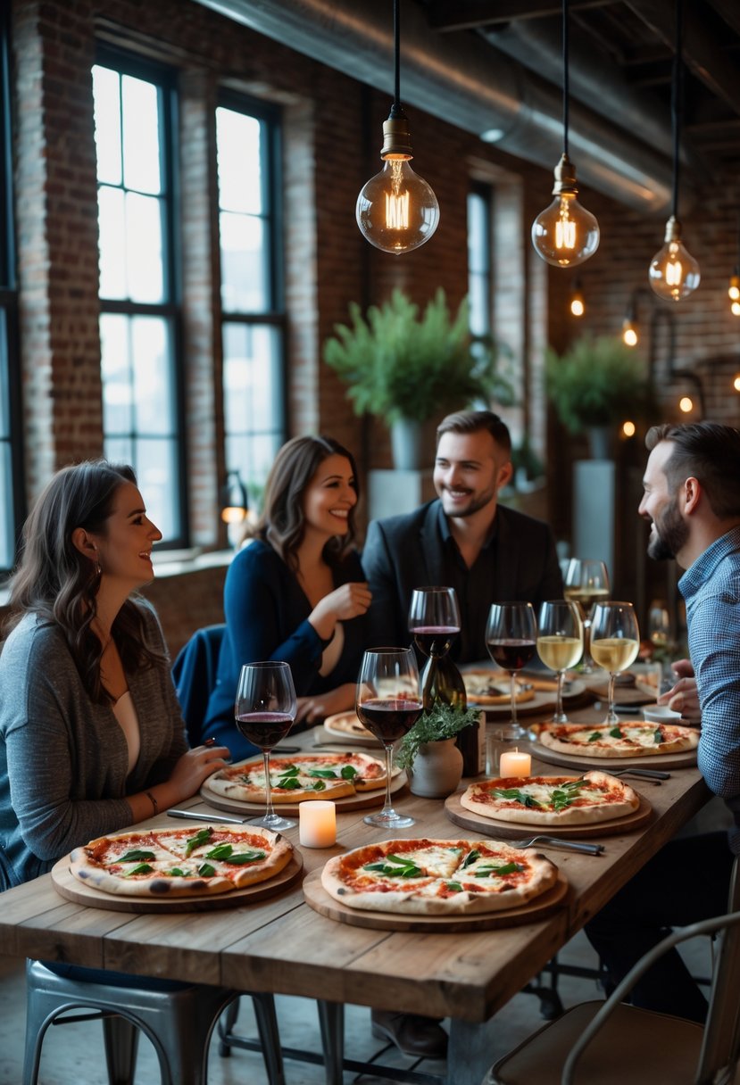 A group of people enjoying pizza and wine around a wooden table in a cozy loft with exposed brick walls and warm lighting.