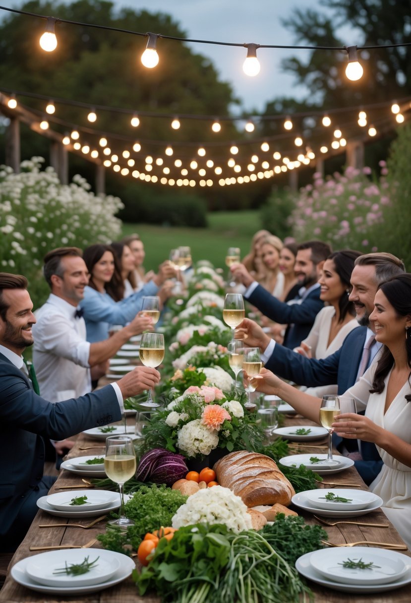 An outdoor farm-to-table rehearsal dinner with guests enjoying a rustic wooden table set with fresh vegetables, flowers, and wine in a garden at dusk.