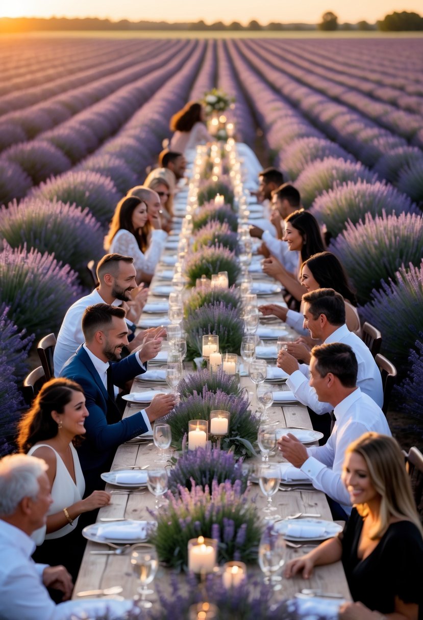 A romantic outdoor dinner set in a lavender field with guests seated at a long decorated table during sunset.