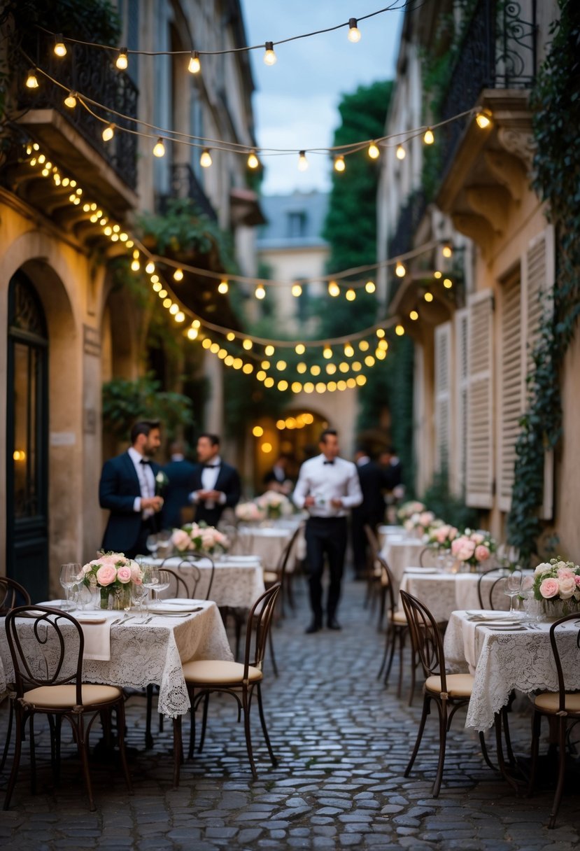 An outdoor Parisian street café with tables set for a wedding rehearsal dinner, featuring floral centerpieces, string lights, and guests enjoying the evening.