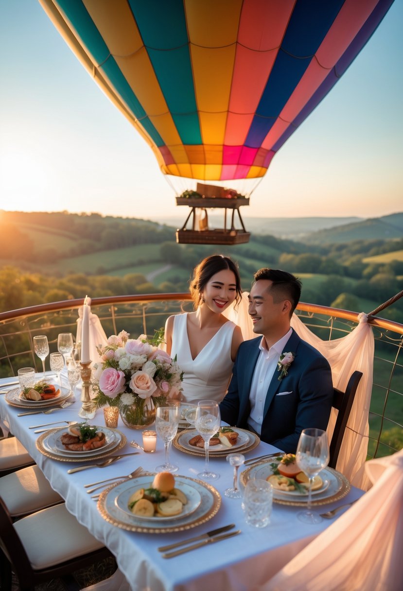 A couple enjoying a romantic brunch inside a hot air balloon basket floating over a scenic landscape during sunrise.