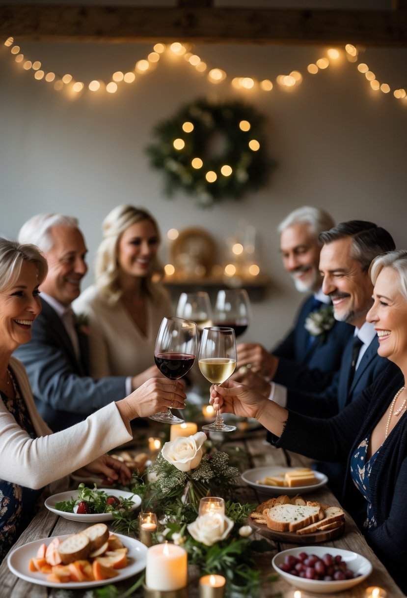A small group of family members enjoying a private wine tasting around a decorated table during a wedding rehearsal dinner.