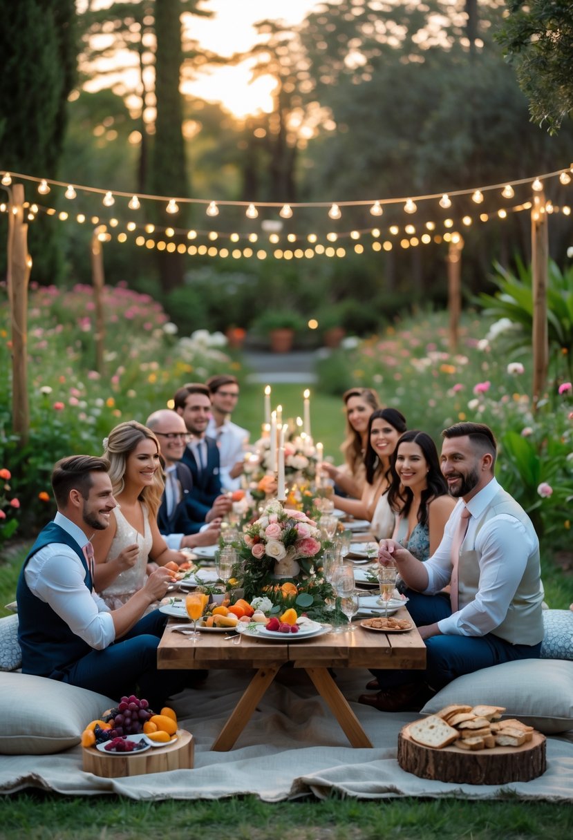 A small group of people enjoying a picnic dinner with elegant table settings in a lush botanical garden surrounded by flowers and trees.