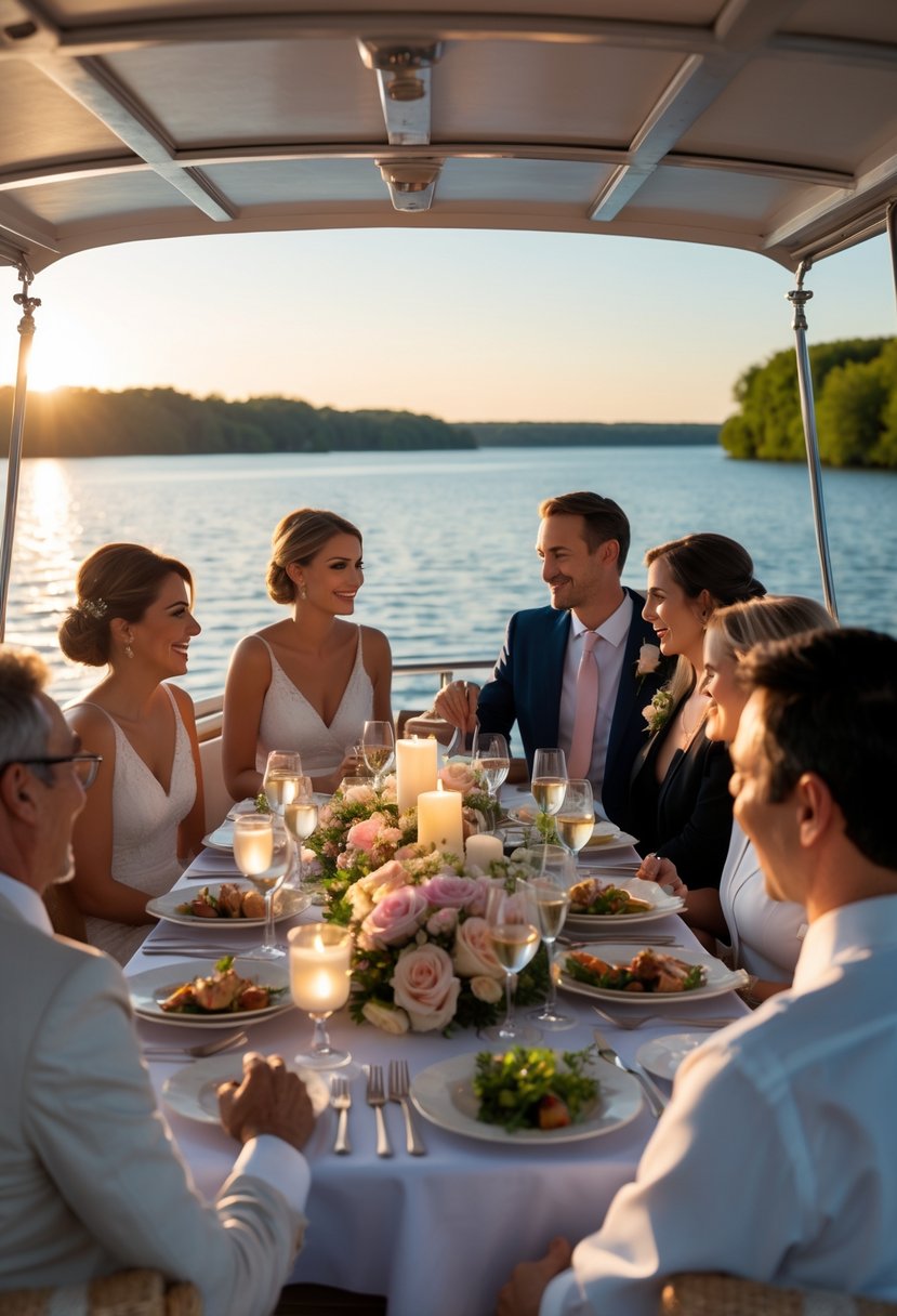 A small group of people enjoying an intimate dinner on a boat deck at sunset surrounded by water and trees.