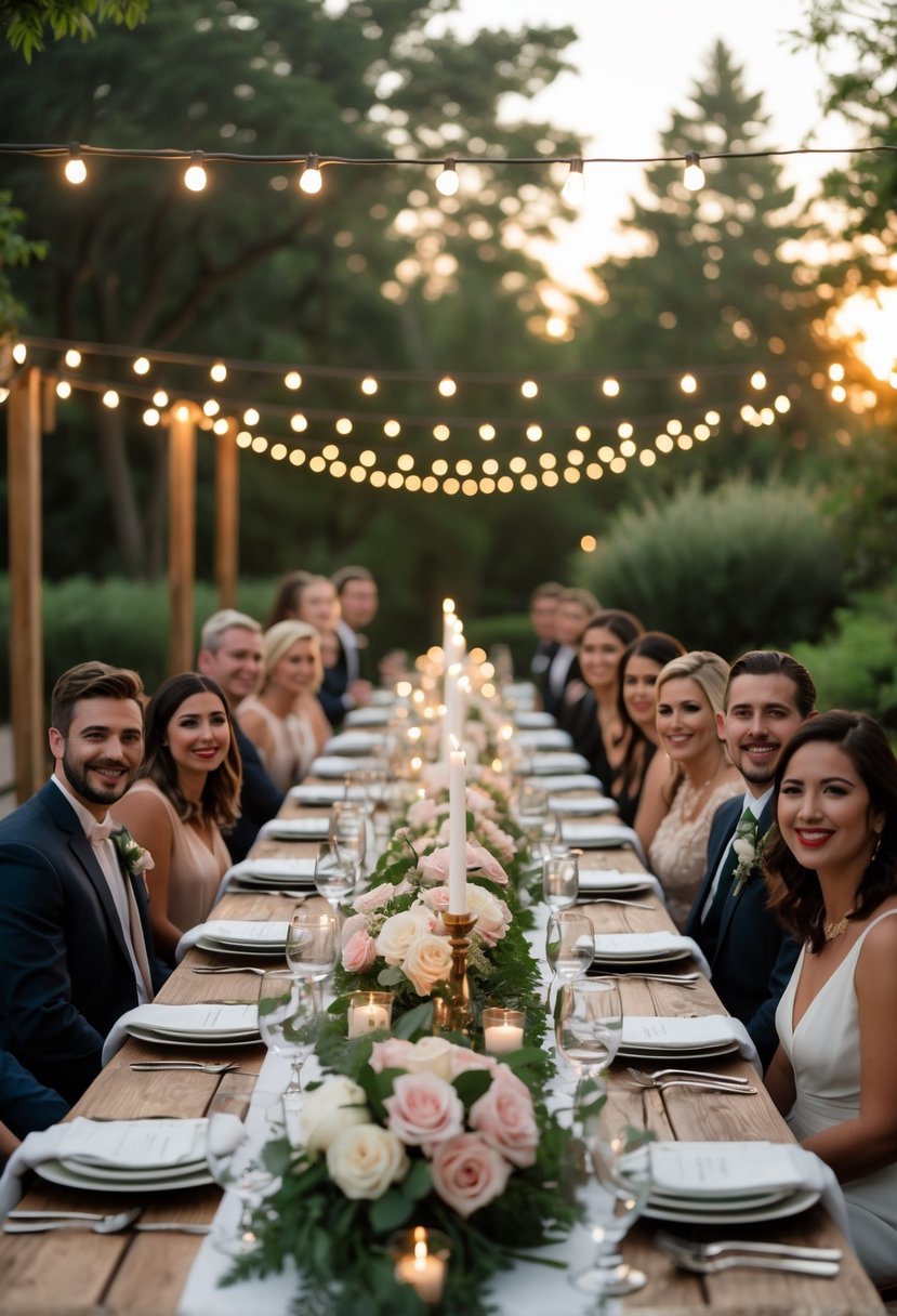 Guests enjoying a beautifully decorated outdoor wedding rehearsal dinner with a long table set with flowers, candles, and elegant tableware.