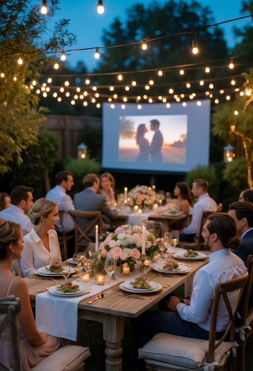 Outdoor evening scene with guests seated at decorated tables enjoying dinner and watching a movie projected on a large screen.
