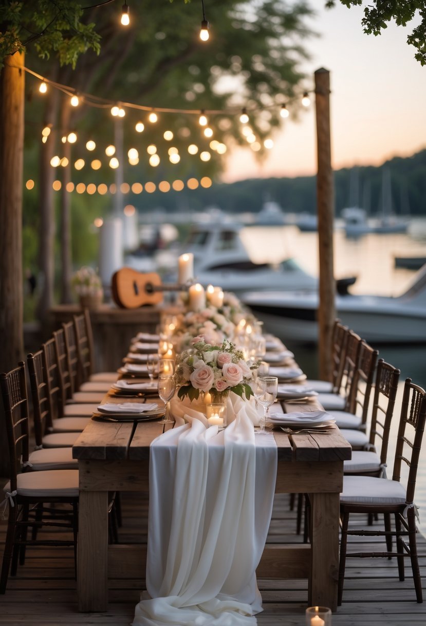 An intimate wedding rehearsal dinner set up on a wooden dock by calm water with a decorated table, string lights, floral centerpieces, and a guitar nearby.