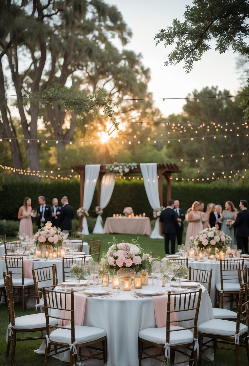 Outdoor garden setting with decorated tables, flowers, string lights, and guests gathered for a wedding rehearsal dinner.