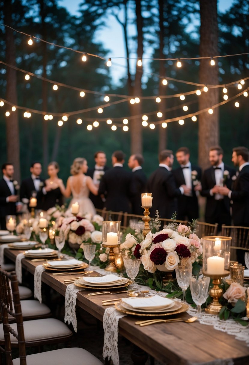 An outdoor wedding rehearsal dinner at twilight with a long decorated table, candlelight, floral centerpieces, guests in formal attire, and soft glowing lights overhead.