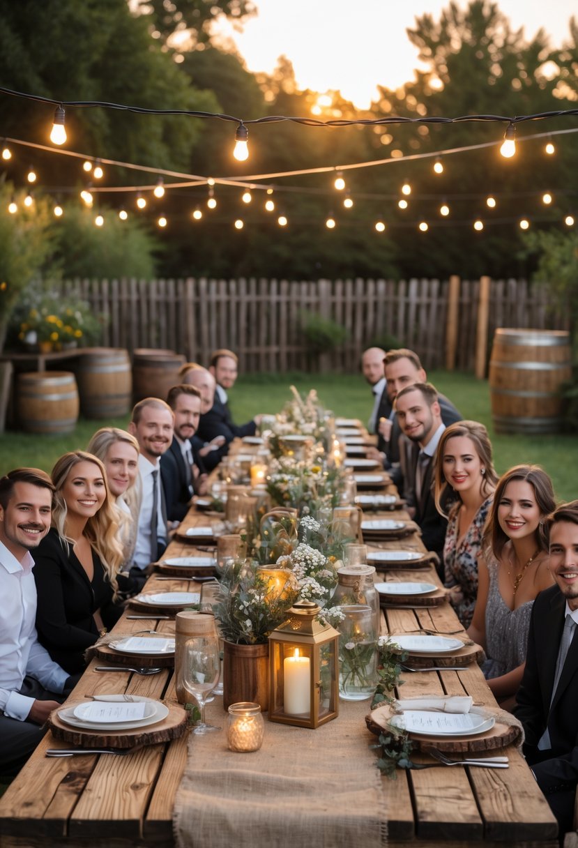 An outdoor dinner table decorated with flowers and candles, surrounded by people enjoying a meal in a garden setting.
