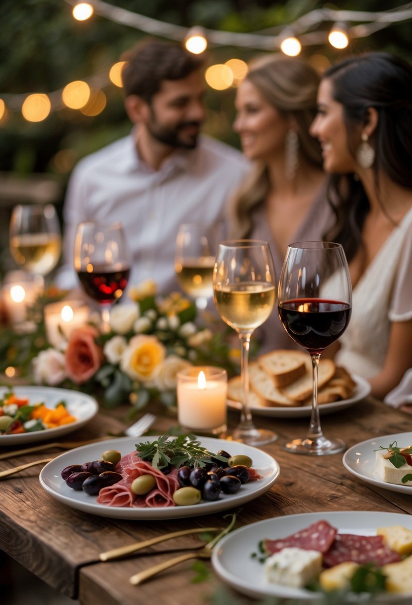 A cozy table set with tapas dishes and glasses of wine, surrounded by people enjoying an intimate dinner with soft lighting and romantic decorations.