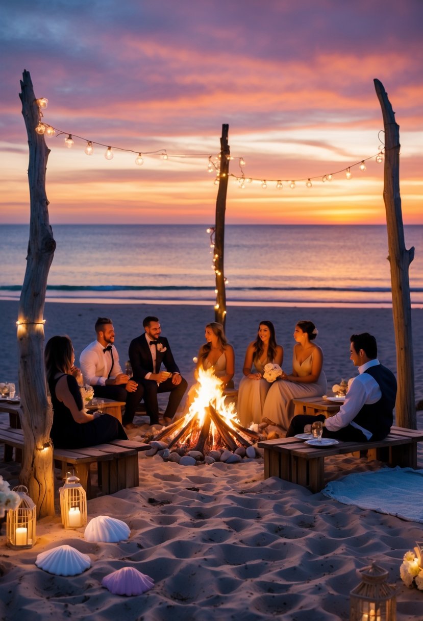 A small group of people having a dinner around a bonfire on a beach at sunset.