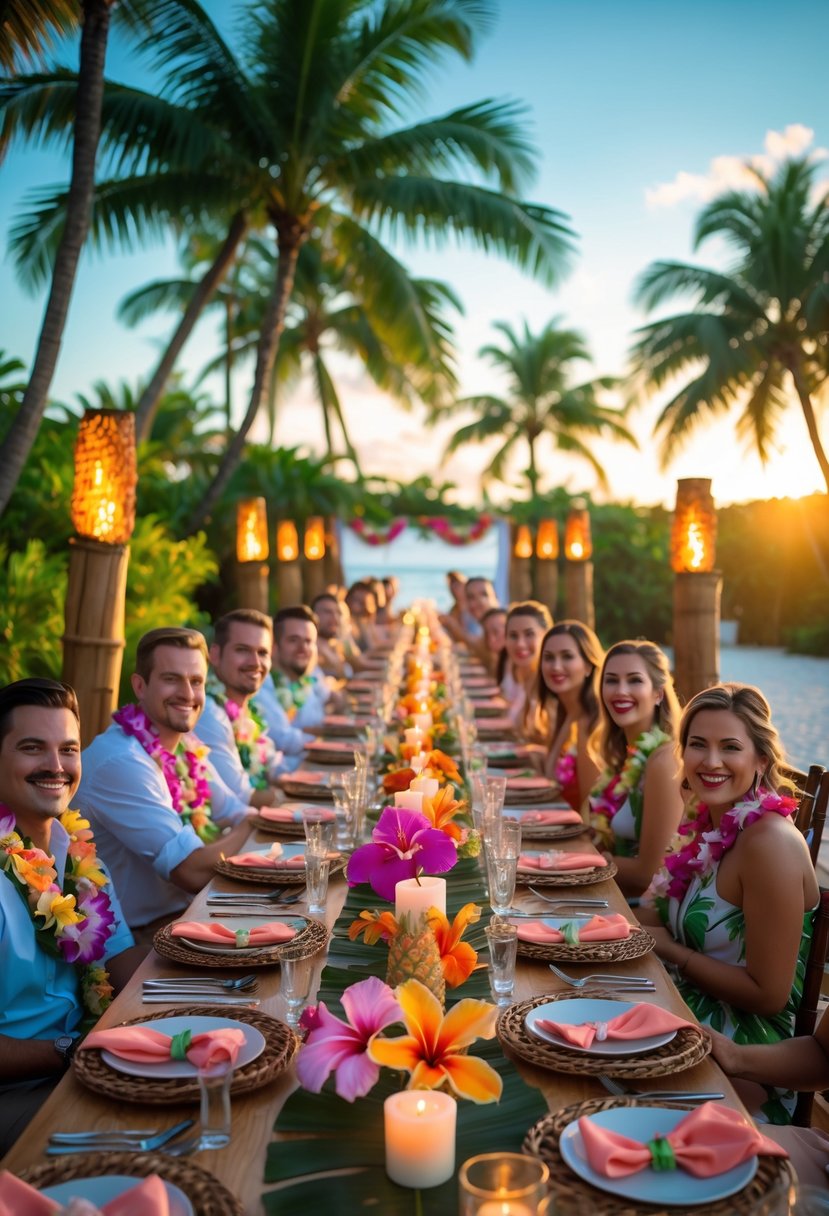An outdoor tropical wedding rehearsal dinner with a decorated table, guests seated, palm trees, and tiki torches at sunset.