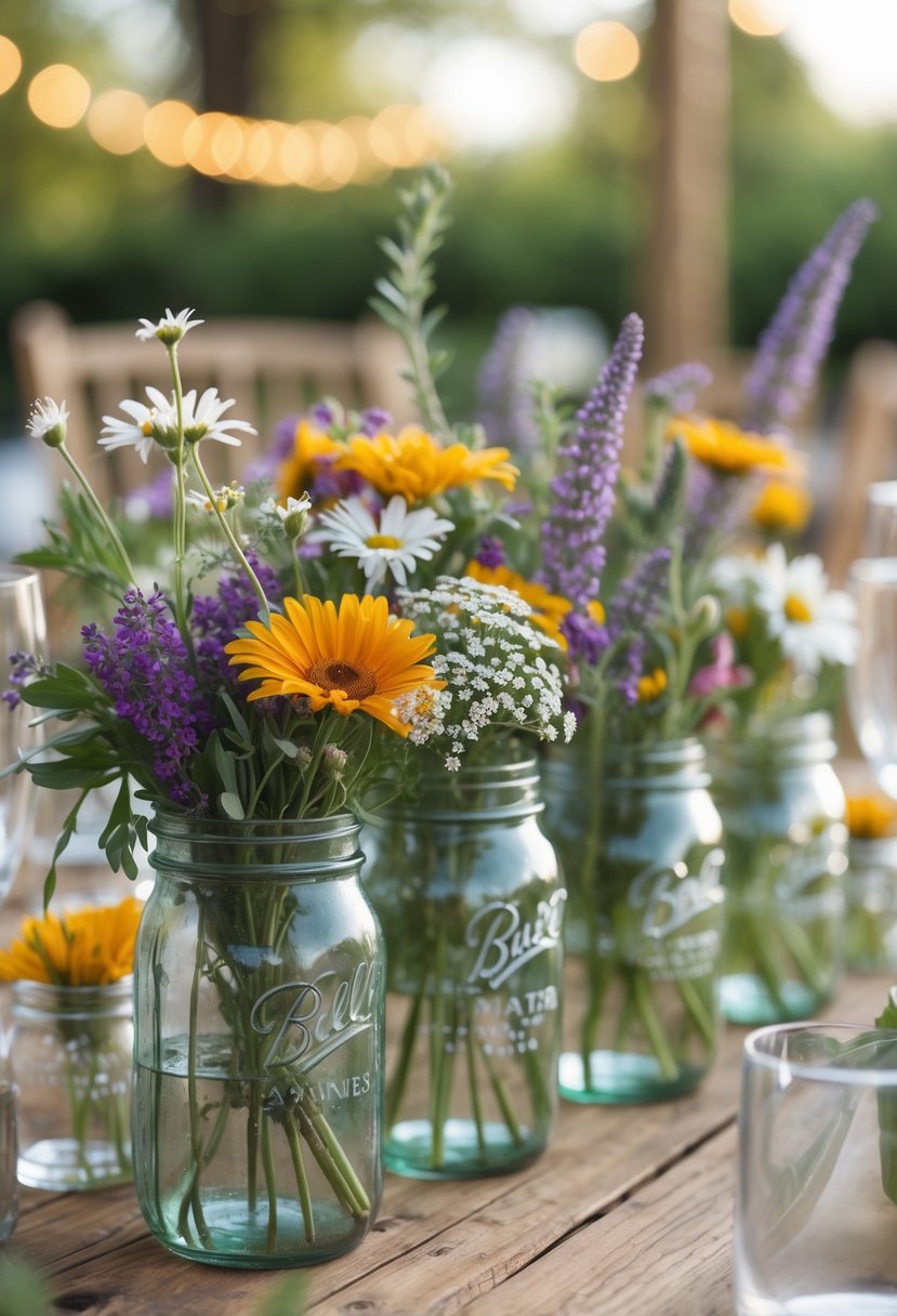 Mason jars filled with wildflowers arranged on a wooden table outdoors with blurred chairs and greenery in the background.