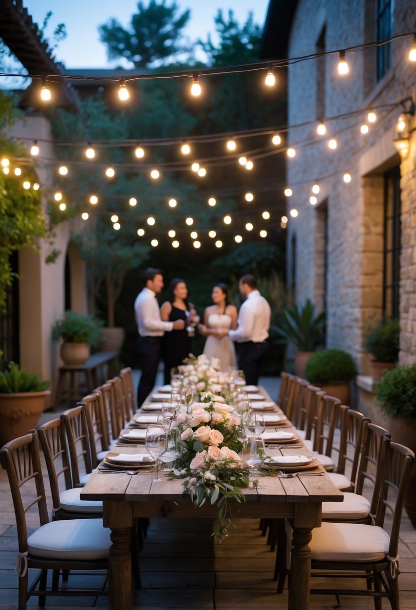 An outdoor courtyard dinner with string lights overhead, a long table set for an intimate wedding rehearsal dinner surrounded by greenery and guests.