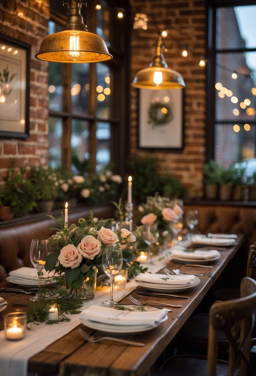 Cozy small bistro dining area set for an intimate wedding rehearsal dinner with rustic wooden tables, floral centerpieces, candles, and warm lighting.